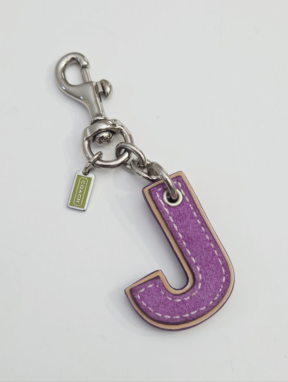 EXCELLENT VINTAGE COACH PURPLE SUEDE LETTER INITIAL "J" BAG CHARM KEY RING